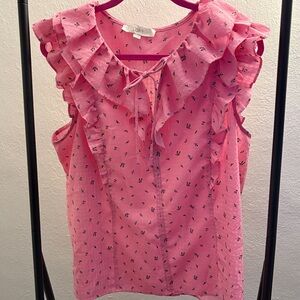 LOFT Pink Ruffled Blouse with Floral Pattern
